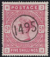 GB qv sg.180 5/- rose (dh) with thimble cds telegraphic cancel sg cat £250