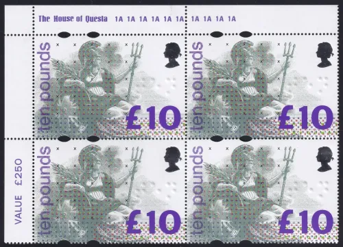 gb qeii sg.1658 1993 £10 britannia upper corner inscription block of 4 (mnh) (QUESTA) Cylinder 1a