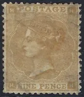 GB qv sg.86 9d bistre plate 2 (hh) (without hair lines) wmk emblems (average mint) sg cat £5,250