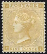 GB qv sg.87 9d straw plate 2 (ej) (without hair lines) wmk emblems (mlh) sg cat £3,750