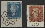 SG8 & SG13 1d Red & 2d Blue with Number 4 in Maltese Cross