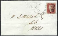 GB qv as57 1d red plate 9 (DG) (penny black plate) on wrapper to wells.