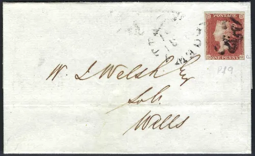 GB qv as57 1d red plate 9 (DG) (penny black plate) on wrapper to wells.