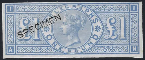 GB QV 1877 £1 pale ultramarine imperf colour trial L236 Telegraphs stamp (AN) with specimen type 8 overprint