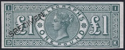 GB QV 1877 £1 grey-green imperf colour trial L236 Telegraphs stamp (dk) with specimen type 8 overprint (MNH)