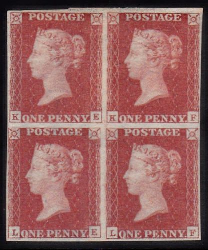 SG 3 Spec AS69 1d Red Plate 10 Block of 4 (KE,KF,LE,LF) Mint Large Part OG SG CAT £16,500