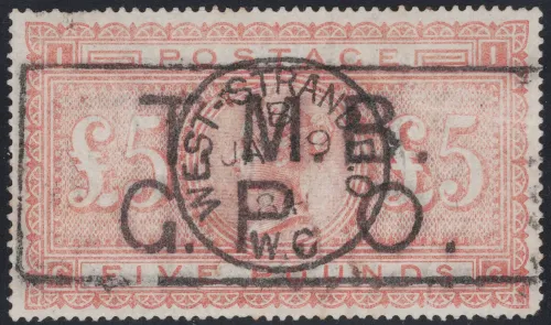 GB qv sg.133 £5 Orange (cg) on blued paper sg cat £15,000