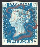 GB qv sg.5 2d blue plate 1 with brownish-red Maltese cross sg cat £950