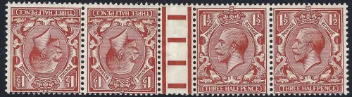GB kgv SG420a Variety. 1½d chestnut Interpanneau Tete - Beche Strip of 4 (MNH)