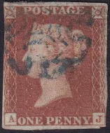 GB QV SG.8sc 1d Red Plate 20 (AJ) with Blue Maltese Cross