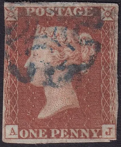 GB QV SG.8sc 1d Red Plate 20 (AJ) with Blue Maltese Cross